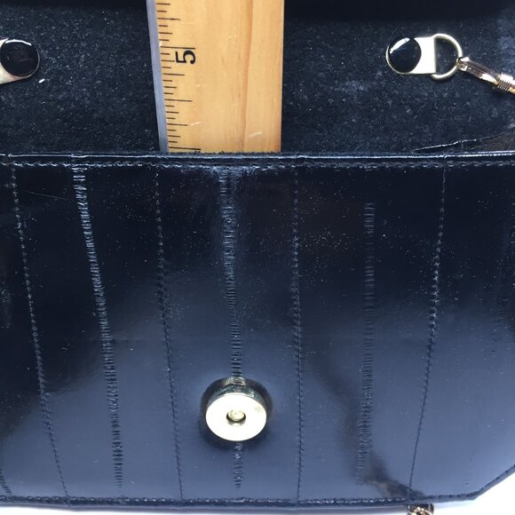 Vintage Genuine Eel Skin Leather Black Evening Purse Handbag Mirror Chain Strap - Picture 9 of 14